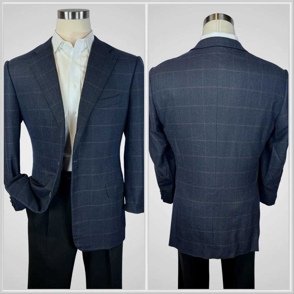 Zegna 15 Milmil 15 Sport Coat 44R Navy Blue Camel Plaid 3/2 Roll